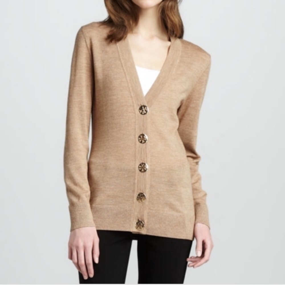 Tan Tory Burch cardigan with gold buttons M